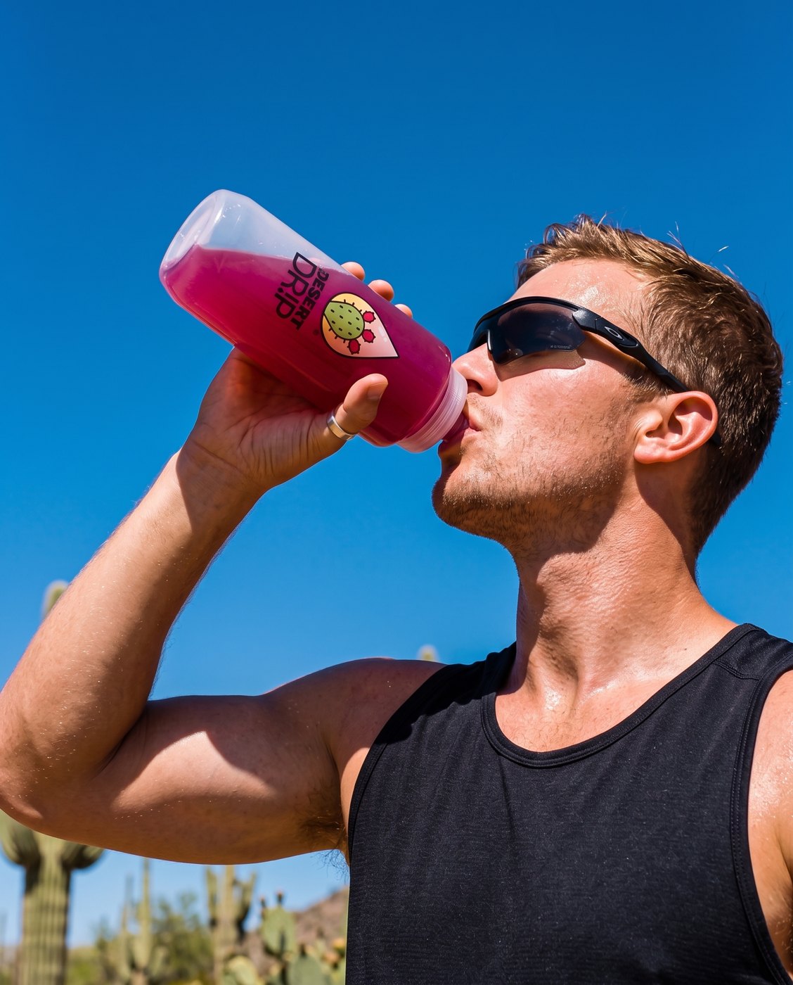 A man in sunglasses and a tank top drinking Desert Drip from a squeeze bottle under a clear desert sky, saguaro cactus behind him